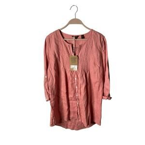 La Naturelle Pure Linen Pop Over Shirt Size XS Salmon‎ Pink Roll Tab Sleeves